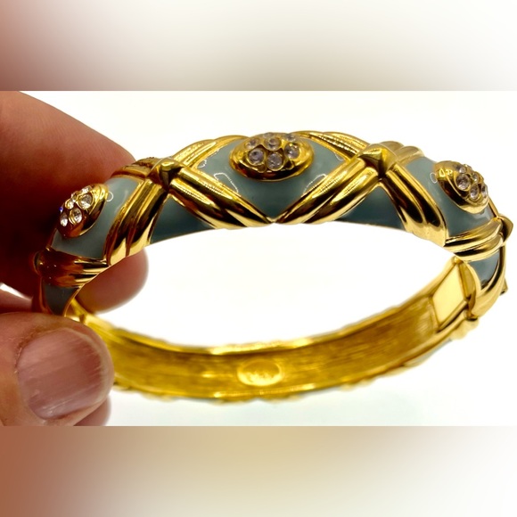 Joan Rivers Signed Gold Tone Light Blue Enamel Crystals Hinged Bangle Bracelet - Picture 2 of 11
